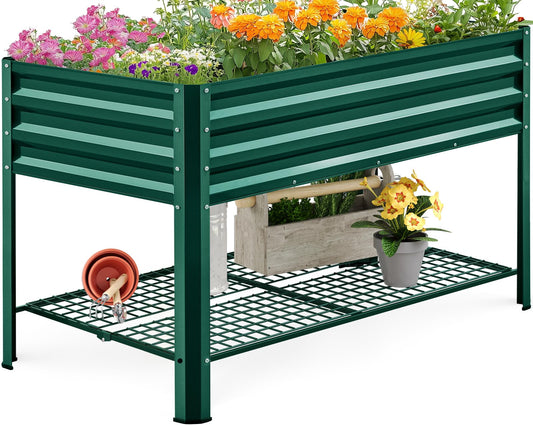 KING BIRD Large Raised Garden Bed with Legs & Storage Shelf Galvanized Elevated Planter Box for Backyard, Patio, Balcony, 400lb Capacity, Green 48×24×31.5 in