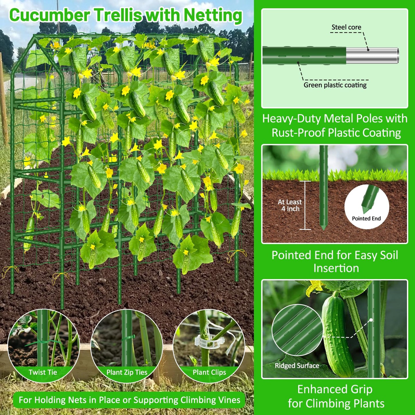 Sunwinx 50x65 Inch Cucumber Trellis for Raised Beds, V-Frame Metal Plant Garden Trellis for Climbing Plants Outdoor with Climbing Netting for Tomato Vegetable Grape Vine Bean Pea Squash