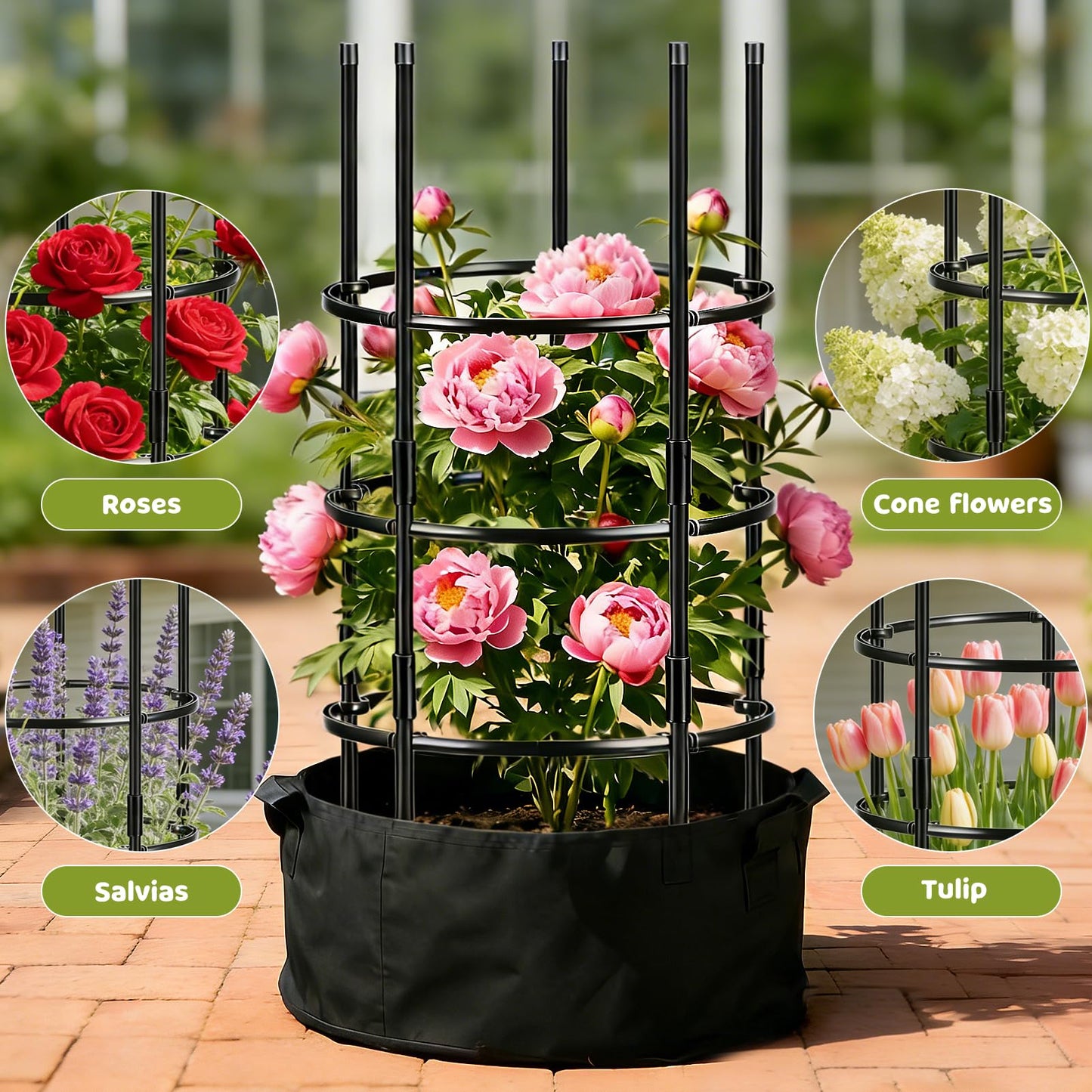 ComfyKit 19.5" D x 39" H Peony Plant Support Cage, 3 Tier Stackable Plant Support Ring, Metal Core with PVC Coated Stakes, Garden Plant Support for Peonies Tomatoes and Climbing Plants
