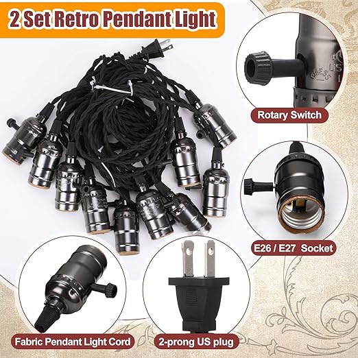 1 Pcs Vintage Pendant Light Sockets Light Cord Kit with Switches DIY Bulb Socket with Cord for E26 E27 Lamp Socket Lantern Bedroom Living Room Decor (1 Plug with 10 Sockets,Black)