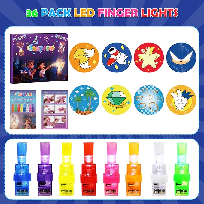 36 Pcs Blue and Golden Party Favors LED Finger Lights, Glow in The Dark Birthday Party Supplies, Goodie Bag Stuffers Classroom Treasure Box Prizes for Kids
