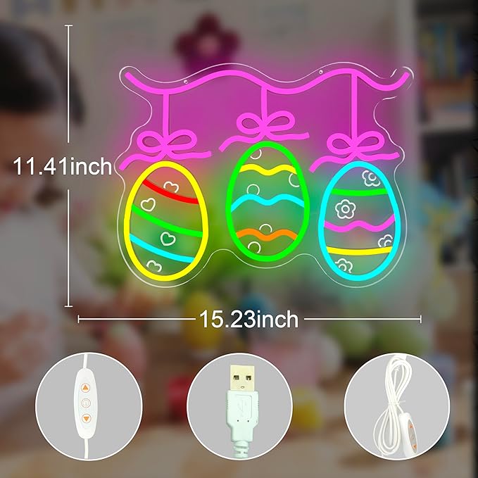 Easter Egg Neon Sign Eggs Decorations LED Sign for Home Dimmable Colorful Easter Light Sign for Bar Office Bedroom Light Up Bunny Sign Eggs Wall Art Festive Gifts for Kids Girls