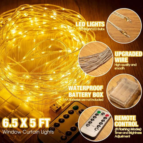 **195 LED Curtain String Lights - 6.5 x 5 Ft Battery Operated Fairy Lights with 8 Modes & Timer | Copper Twinkle Decor for Christmas & Weddings**