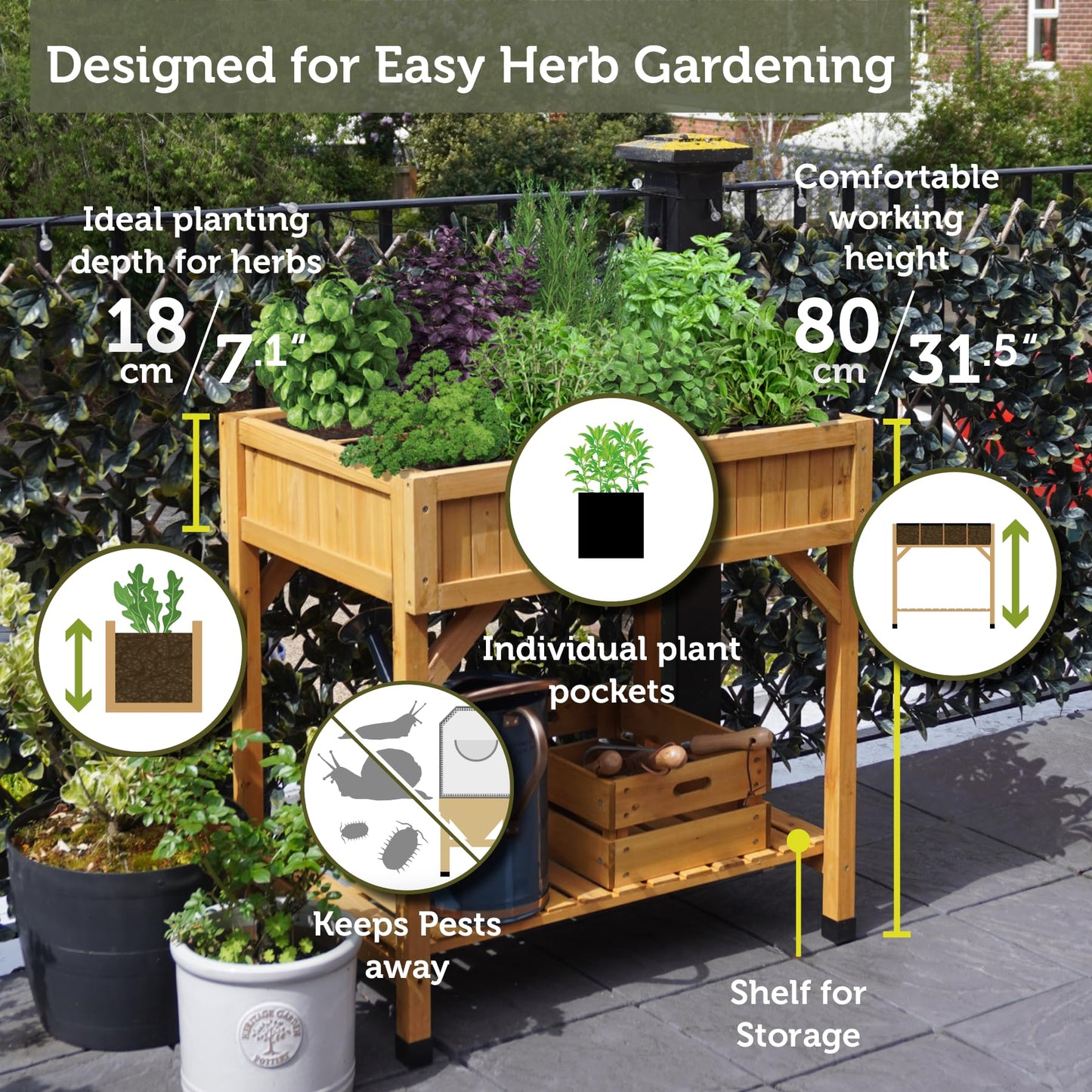 VegTrug Herb Garden Planter Box, Natural Cedar Wood - 8-Pocket Raised Garden Bed with Storage Shelf for Patio, Balcony & Courtyard Gardening