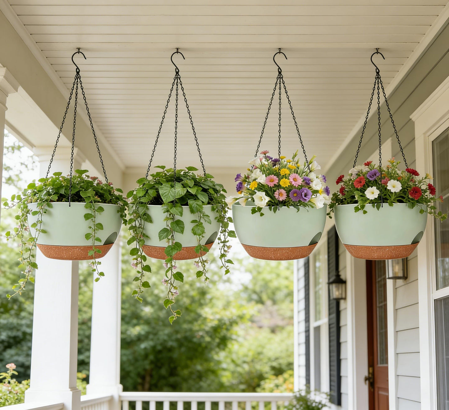 zople Set of 2-8 Inch Self Watering Hanging Planters for Indoor Outdoor，Hanging Plant Pots with Drainage & Removable Tray, Hanging Pots Holder for Ivy, Pothos, Ferns, Balcony & Patio, Green Brown