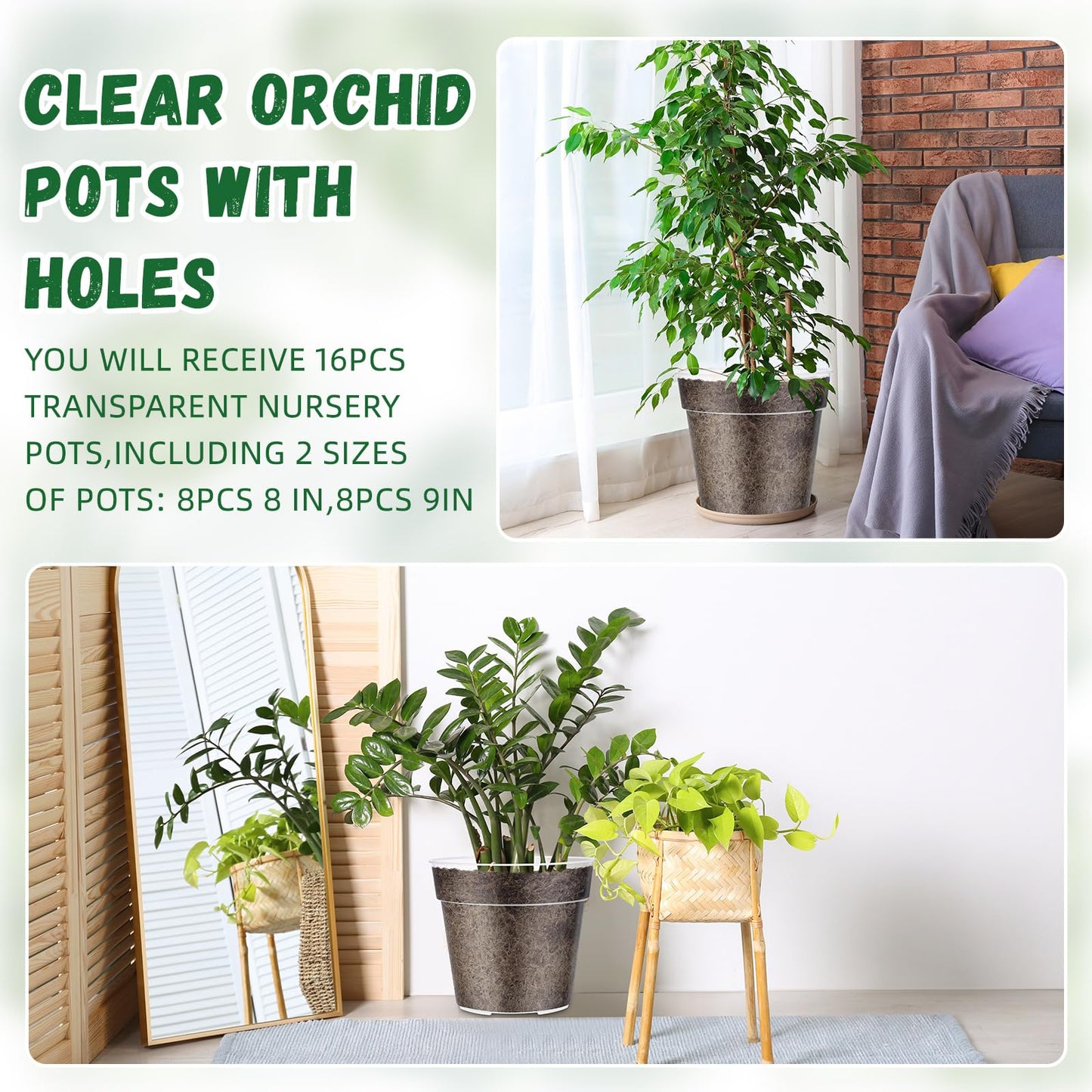 Maxcheck 16 Pcs Clear Nursery Pots with Drainage Holes Pack, Large Transparent Plastic Orchid Pots for Repotting Indoor Plants, Heavy Duty Planter for Monstera, Aroids, Root Observation (8+9 Inch)
