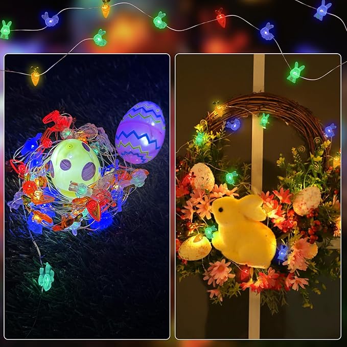 pozzolanas Led Fairy Lights Battery Operated Mini String Lights 2P 16FT Bunny Carrot String Lights 50LED IP65 Waterproof Spring Rabbit for Easter Basket Eggs Party Seasonal Bedroom Decor