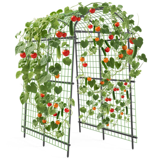 GarveeLife 7.5FT Metal Garden Arch Trellis with Netting, Adjustable 35"–45" Arbor for Climbing Plants, Roses, Grapes & Vegetables, Weatherproof Steel Pergola with Ground Clips, Easy Fold-Out Assembly