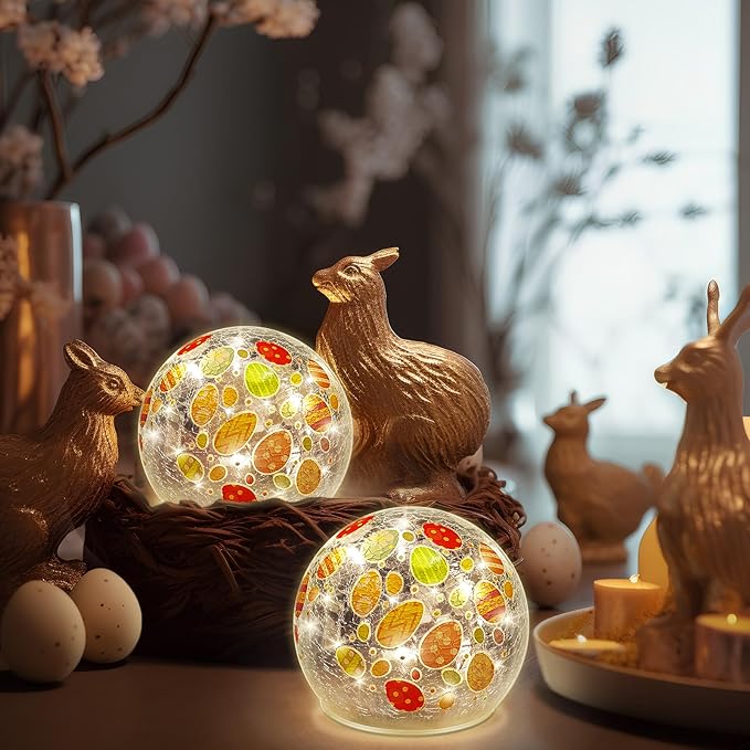 2 Pcs Easter Lighted Decorative Glass Ball 3.9inch Easter Egg Crackle LED Lights for Tabletop Decoration Globe Lamp Battery Operated for Holiday Indoor Party Table Gift