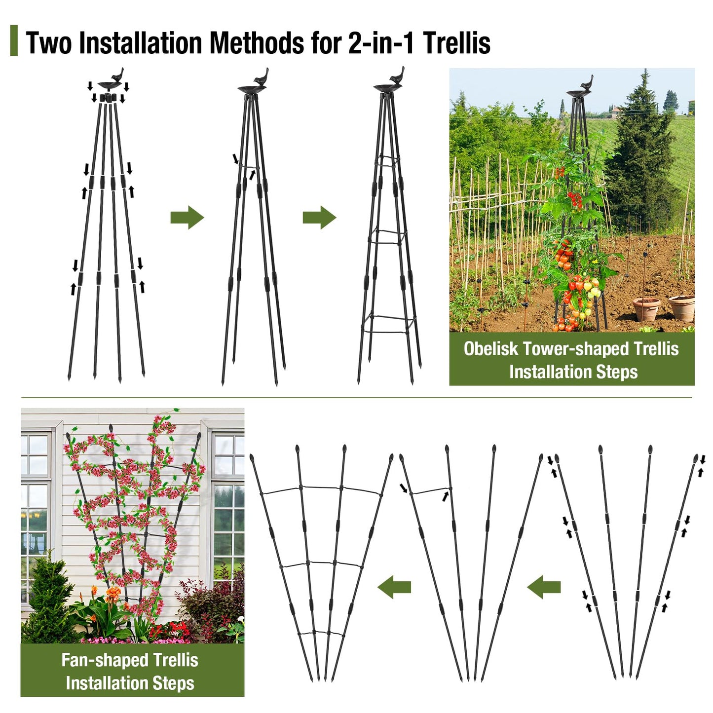 Yeghujar 4Ft Garden Trellis for Climbing Plants Outdoor, 2Packs Trellis for Monstera Plants Indoor Large, Tower Obelisk & Fan-Shaped Plant Support Garden Trellis for Potted Flowers, Tomatoes, Vines