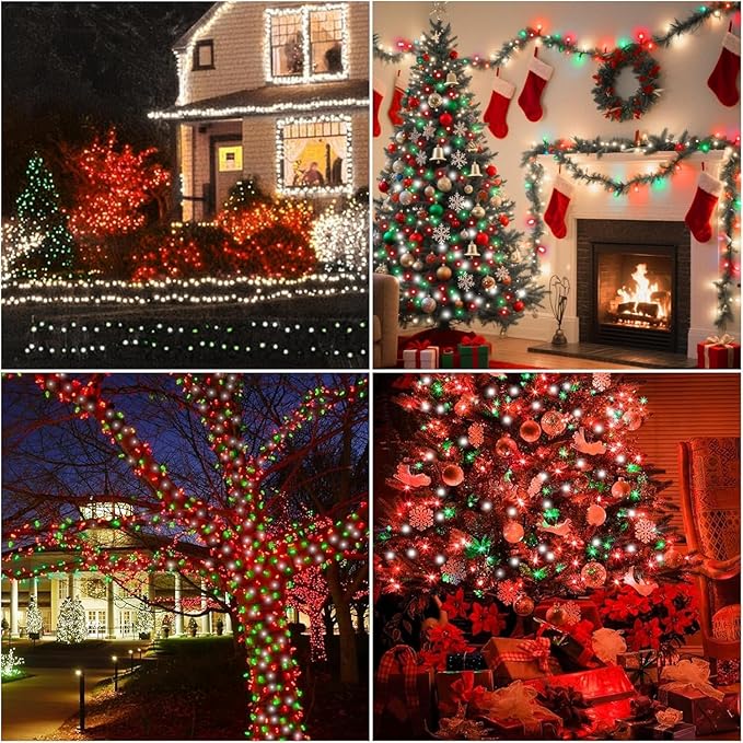 LAMPHOME Red Green White Christmas String Lights, 300 LED 99 FT Connectable Waterproof String Lights Transparent Wire with16 Modes, Xmas Vintage Decorations for Indoor Outdoor Party Yard Garden Decor