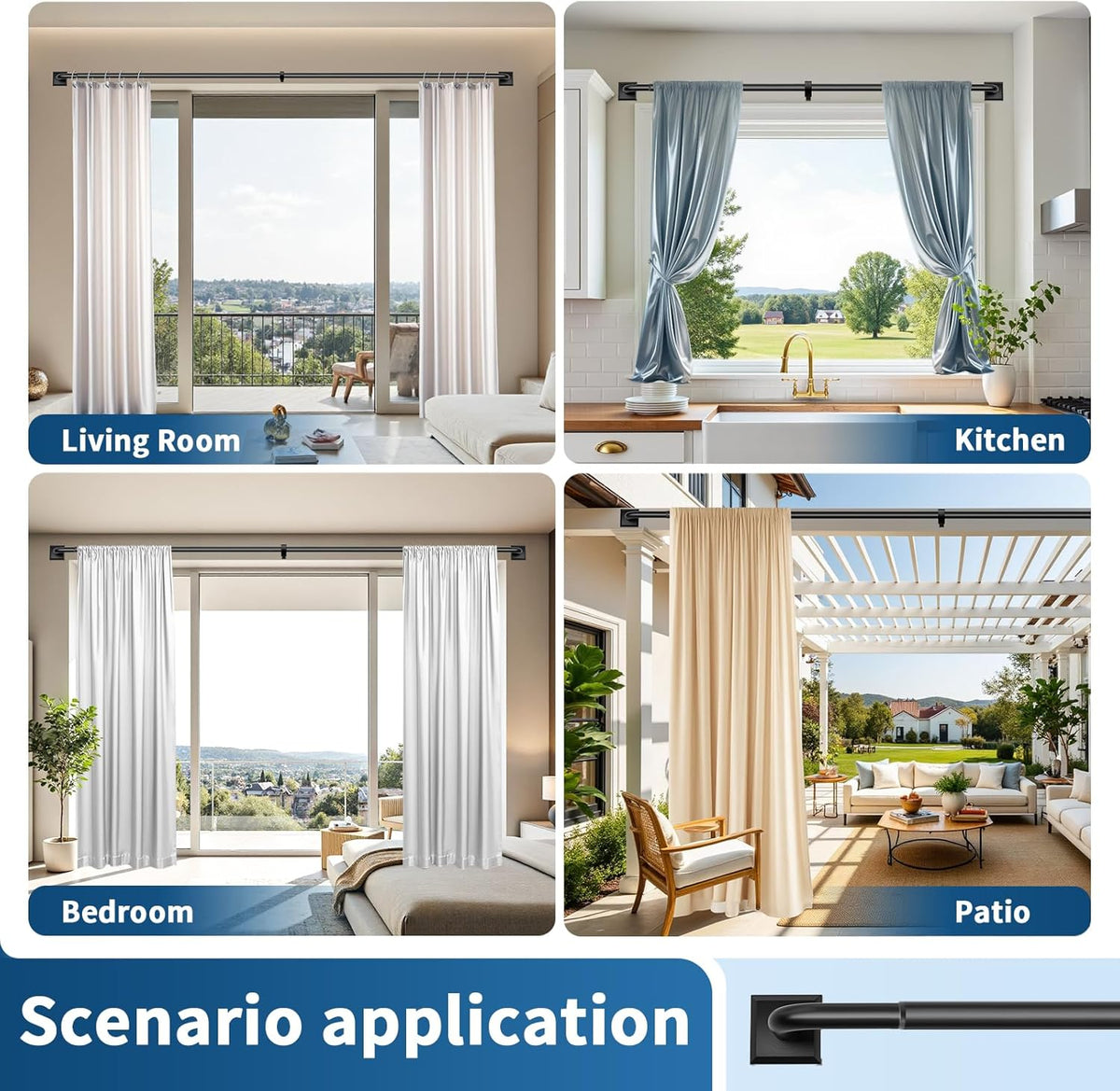 Skiennix Heavy Duty Black Curtain Rods - Adjustable 28-48 Inch French Return Design for Room Darkening