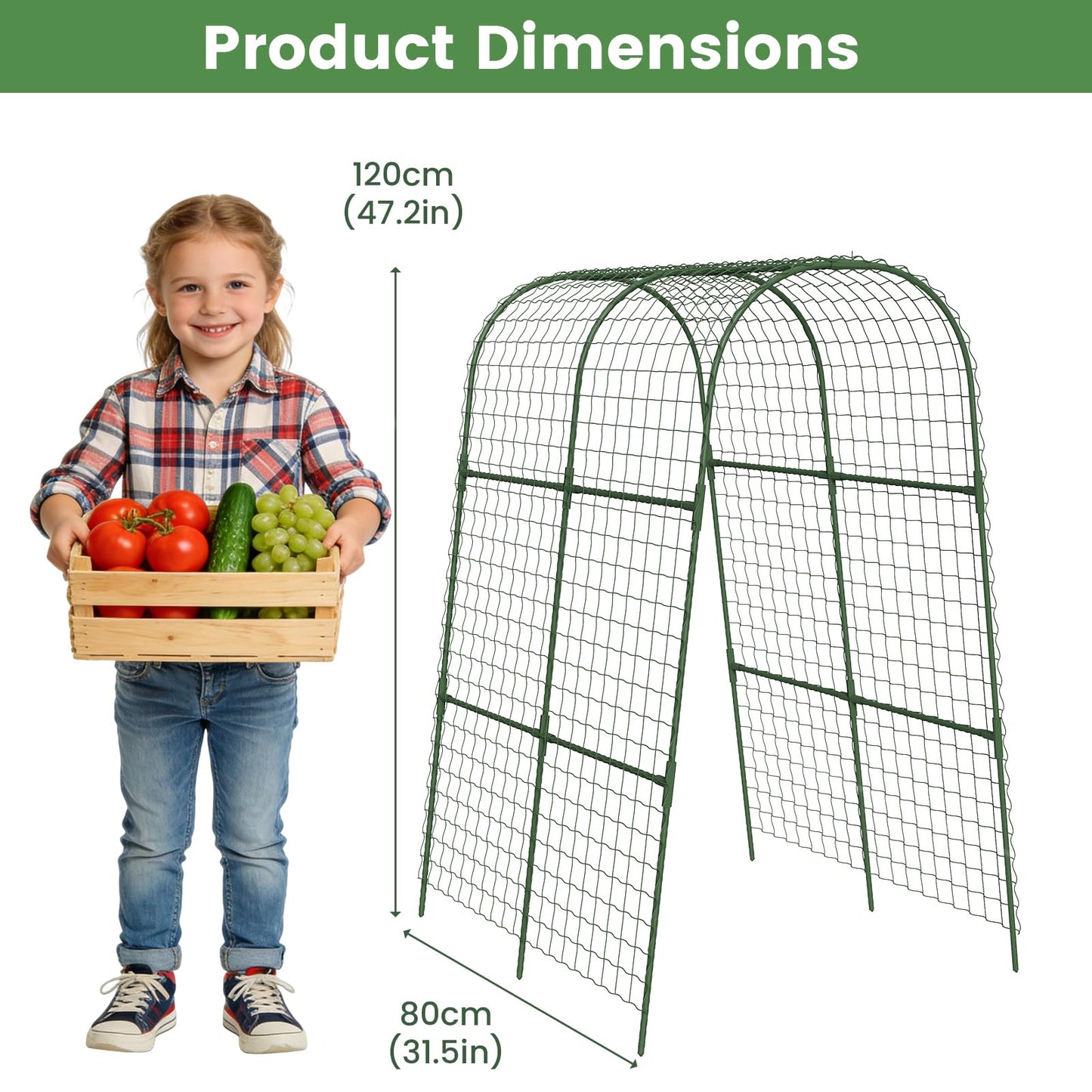 Cucumber Trellis, Metal Garden Arch Trellis for Raised Bed, 32 x 48inch U-Shape Garden Trellis for Climbing Plants Outdoor, Vegetables Fruit Plant Support with Netting, Gardening Supplies (Green)