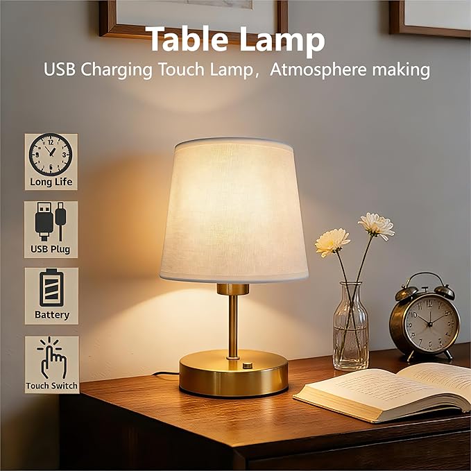Mini Gold Portable Cordless Table Lamp, Rechargeable Bedside Lamp, Stepless Dimming Touch Control Nightstand Lamp, 2700K Warm Light, Vintage Desk Lamp for Living Room, Dining Table Decor (Mini)