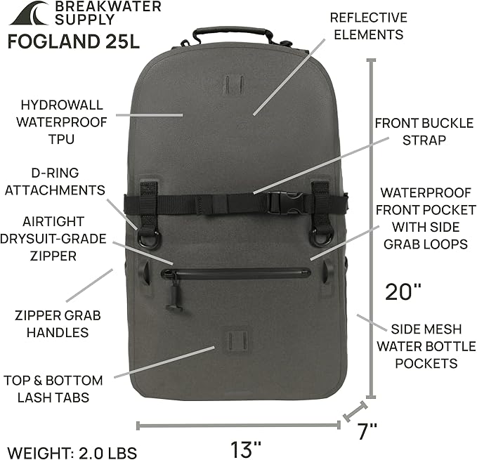 Breakwater Supply™ Waterproof IP68 Submersible Backpack with Airtight Zippers | Laptop Travel Outdoors | Fogland 25L 20L 15L | 100% Waterproof, Submersible, Airtight Zippers, Travel Outdoors