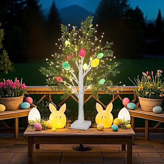 DR.DUDU 27 Inch Easter Decor for Home – 2 Pack Lighted Easter Trees, Light Up Birch Trees with Easter Egg, Tabletop Spring Decor for Mantel Indoor Office