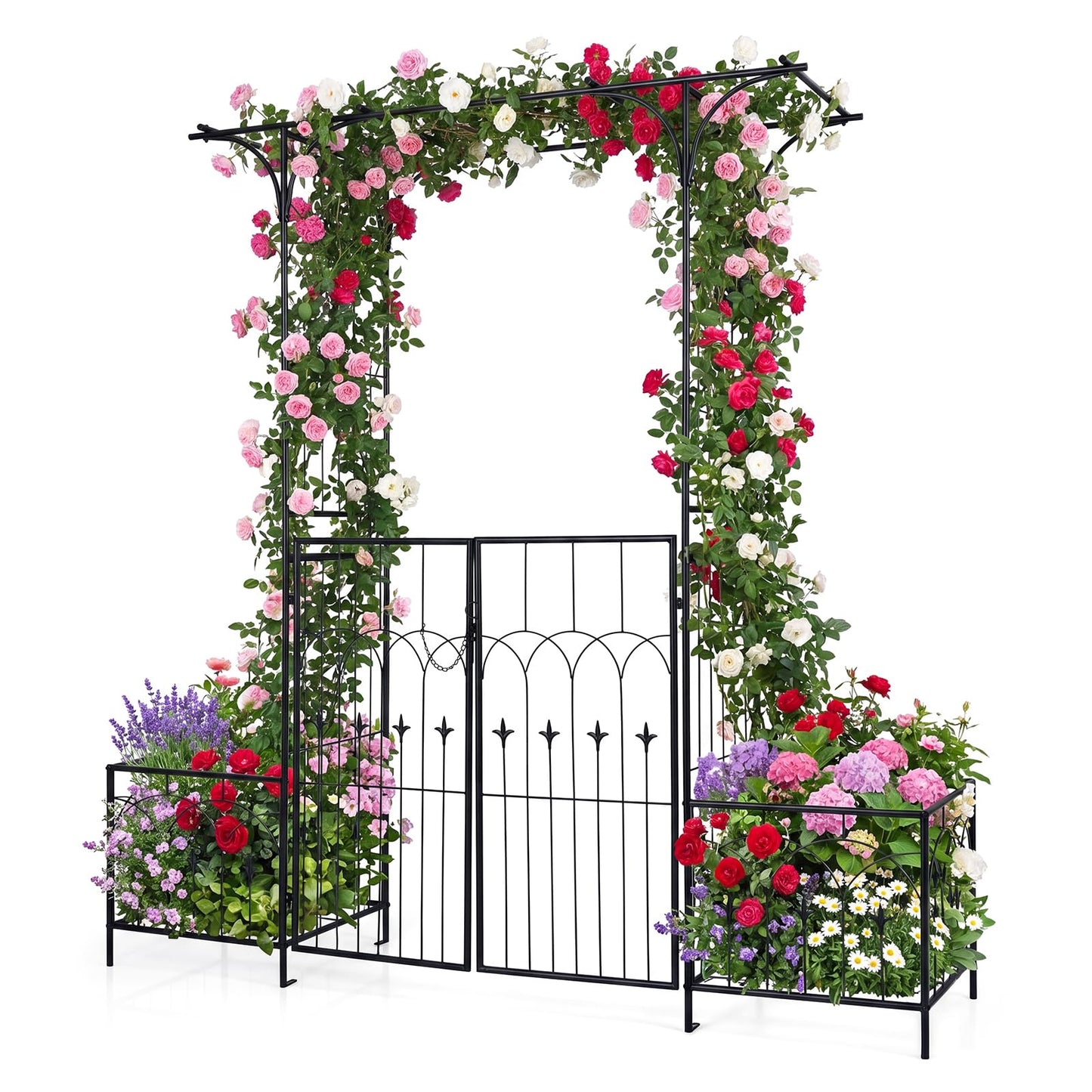 Giantex Garden Arbor with Gate and Planter, 79" W x 81" H Metal Arch Trellis with Double Doors, Outdoor Archway for Climbing Plants, Weddings, Backyard, Patio, Lawn, Ceremony Party Decoration