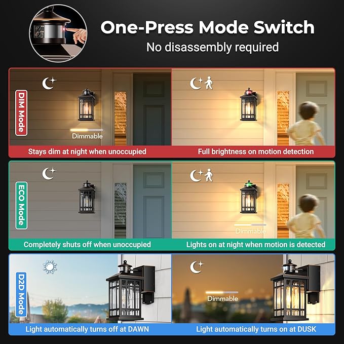Outdoor Wall Lighting with GFCI Outlet, Modern Black Exterior Light Fixtures with Gold Trim, Aluminum Anti-Rust Outside Lights for House, Porch, Garage, Adjustable Sensitivity & Brightness