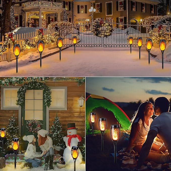 Solar Halloween Lights Outdoor, 6 Pack LED Torch Lights Flickering Flame, Waterproof Tiki Torches for Outside Landscape Decoration Lighting for Lawn, Yard, Halloween Decorations (Warm White-6 Pack)