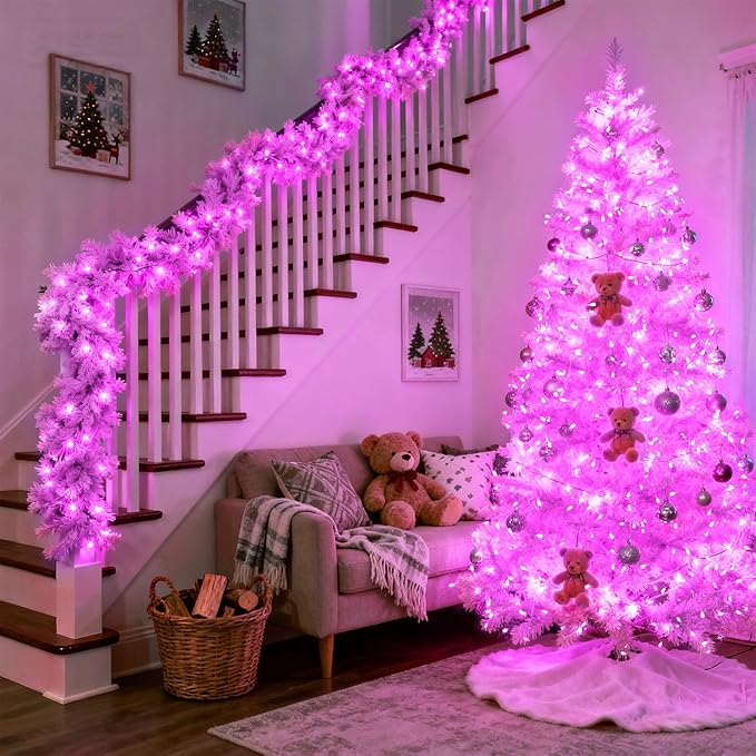 JMEXSUSS 500 LED Pink Christmas Lights, 8 Modes 163ft Waterproof Pink Room Lights Outdoor Plug in with Remote Control, Clear Wire String Light for Tree Outside Yard Wedding