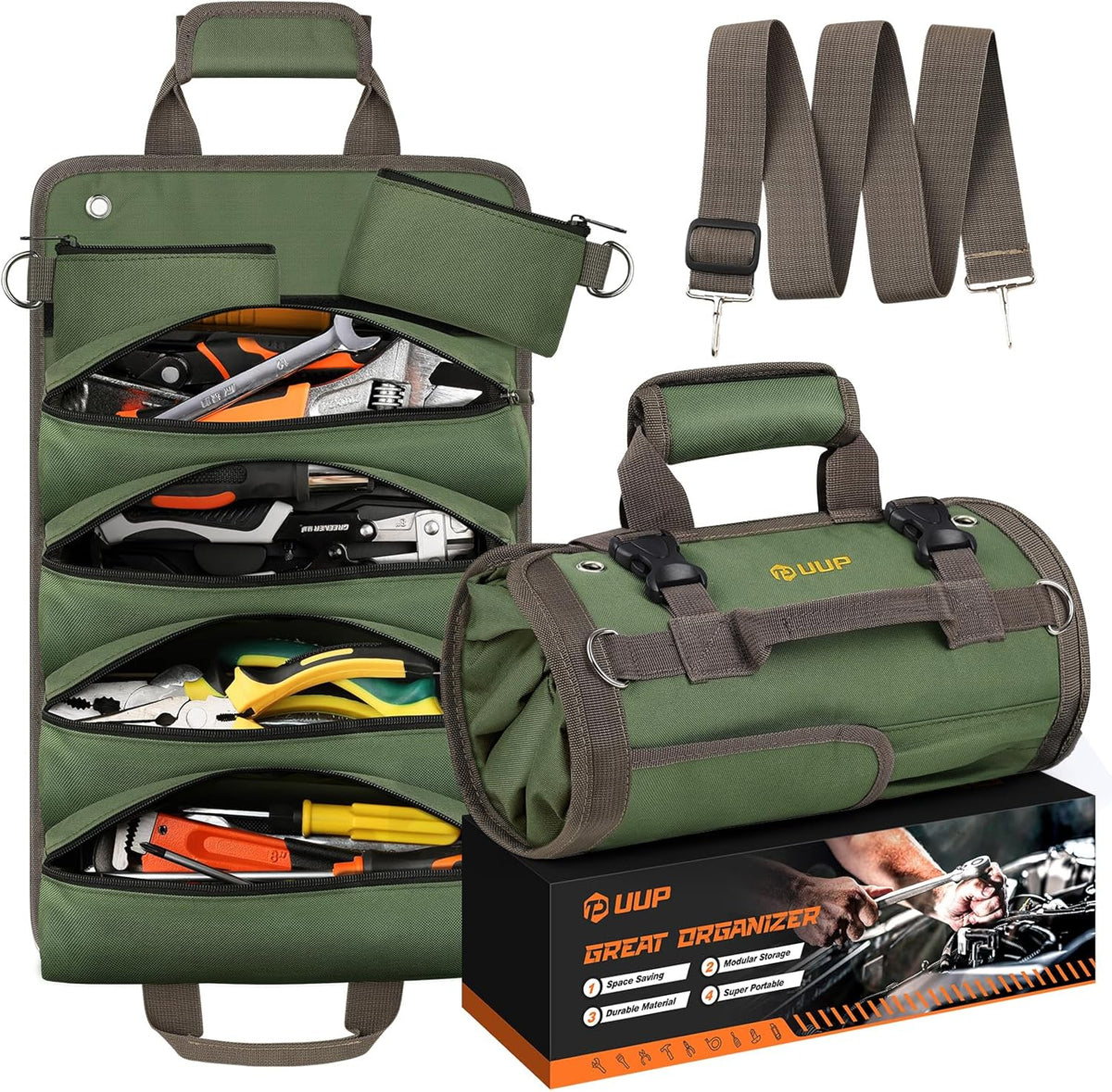 UUP Heavy Duty Tool Bag Roll-Up - Portable Soft Storage Organizer with Pockets | Green, Perfect for Mechanics & Gifts for Dad