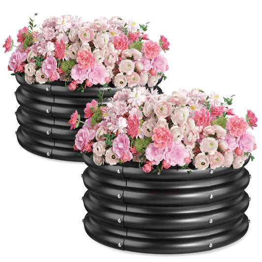 SOCONT 2 x 2 x 1 ft Round Raised Garden Bed, Black 2 Pack 0.6 mm Thick Galvanized Steel Planter Box with Double Layer Paint and Safety Edge Trim for Vegetables Flowers Herbs Outdoor Garden