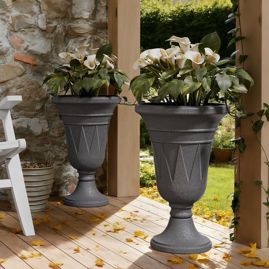 Diyfire Tall Urn Planters for Outdoor Plants Set of 2-23.6" H Vintage Trophy Design Outdoor Planters for Porch Decor with Drainage Hole, Indoor Large Flower Pots, Pedestal Planter/Garden Vase, Gray