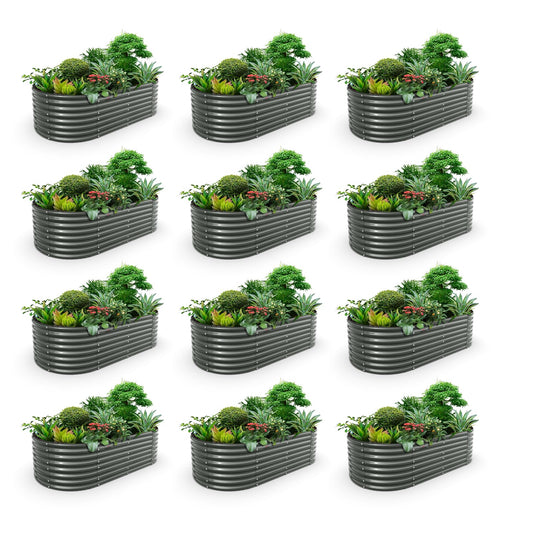 A ANLEOLIFE 12-Set 8X4X2 ft Galvanized Raised Garden Bed Kit, Oval Metal Deep Root Planters for Outdoor Plants, Quartz Grey