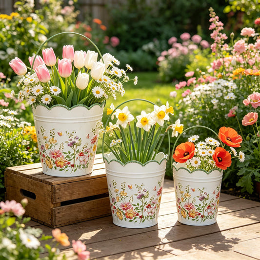 Set of 3 Vintage Floral Metal Planter Large Rustic Flower Pots with Handle & Butterfly Print, Farmhouse Decorative Floral Buckets for Dried Flowers, Faux Plants, Home Garden Decor (Flower#3)