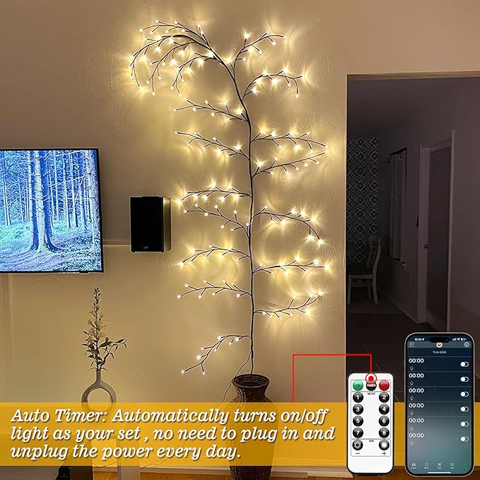 GOESWELL Smart Vine Light for Room Decor: 7.5ft 144 LEDs Music Timer Dimmable Fairy Tree Lights with Remote & App Control-Led Tree Branch Lights for Wall Mantel Corner Centerpieces Chritmas Halloween