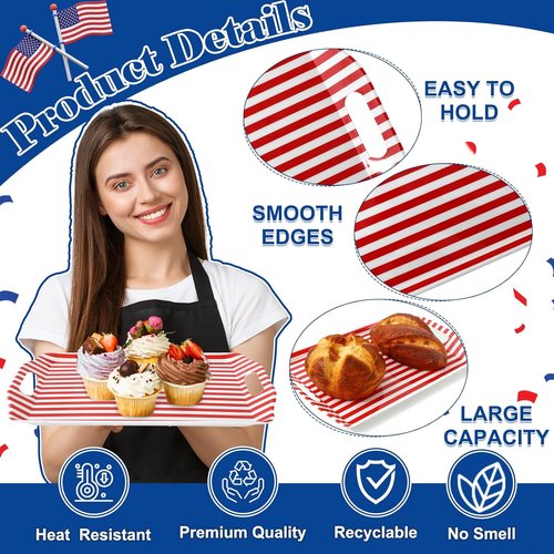 FYSUIMU Patriotic Serving Trays - 4Pcs American Flag Plastic Trays with Handles | 10 x 15 In for 4th of July