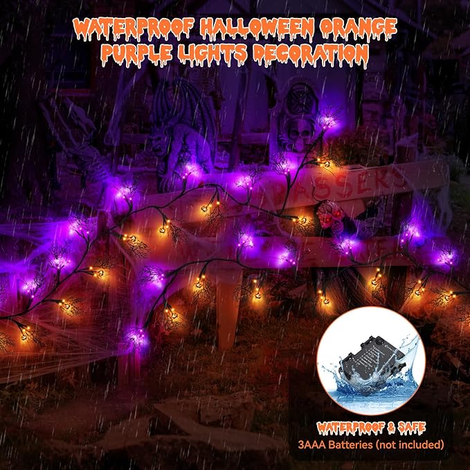 6 FT 54 LED Halloween Lights, 8 Modes & Timer Battery Operated Halloween Pumpkins Bats Lights with Willow Vine Twig Garland, 3D Waterproof Decorations Lights for Indoor Wall Party Fireplace Mantle