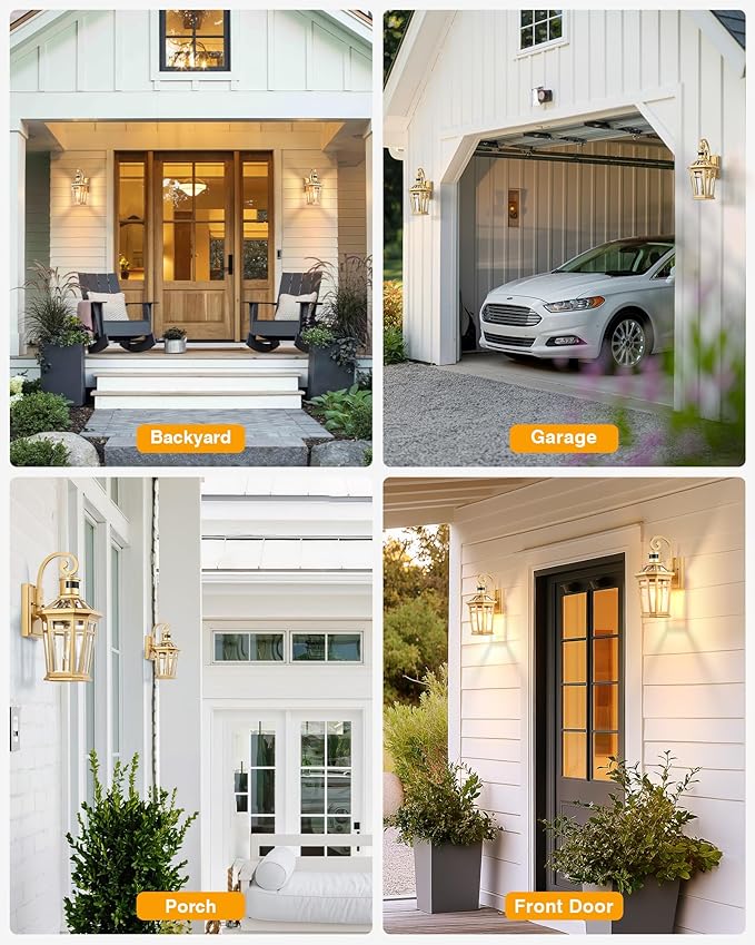 Motion Sensor Front Porch Light, Gold Outdoor Light Fixture Wall Mount, Outdoor Wall Lantern Sconce Light with Beveled Glass, Waterproof Carriage Lights Exterior, Coach Lights for Garage, Patio