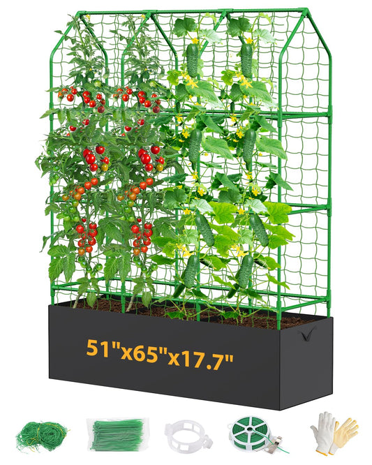 65" Cucumber Planter with Trellis for Climbing Plants Outdoor, Metal Garden Trellis for Raised Bed, Plant Support Structures with Netting for Cucumbers Tomatoes Beans Peas (50 * 17 * 65inch(L*W*H)