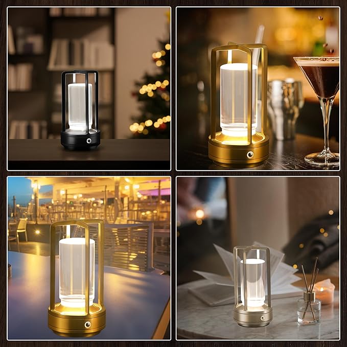 Portable Metal Table Lamp, Cordless Table Lamp, Rechargeable Battery Powered Portable LED Desk Lamp, 3 Color Stepless Dimming Touch, for Bedroom Restaurant Home Outdoor (2 Set of Gold)
