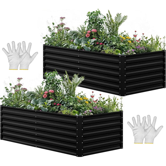 YITAHOME 6x3x2 ft 2pcs Galvanized Raised Garden Bed Kit, Large Metal Planter Box with Gloves & Support Rod, Outdoor Flower Bed for Plants Vegetables, Black