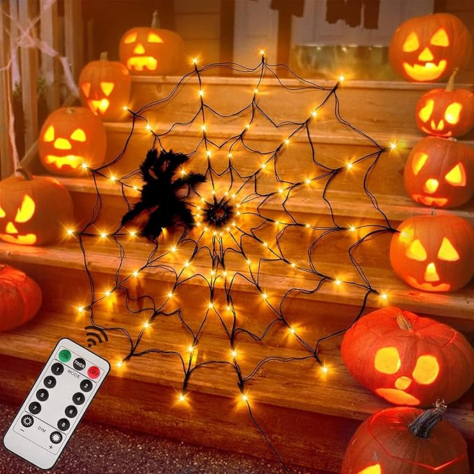 Halloween Decorations Spider Web Lights - 4FT Diameter 70 LEDs with Black Spider, Waterproof Net Lights, Remote Control, 8 Modes Cobweb Halloween Decorations for House Garden Indoor Outdoor (Orange)