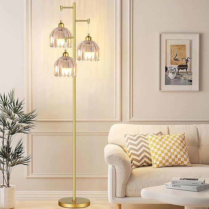 Gold Floor Lamps for Living Room Vintage Floor Lamp with Glass Lmapshape & Three Led Bulb,Glass Floor Lamps Brass Mid Century Modern Standing Lamp Tall Tree Flower Floor Lamp for Bedroom,Office,Corner