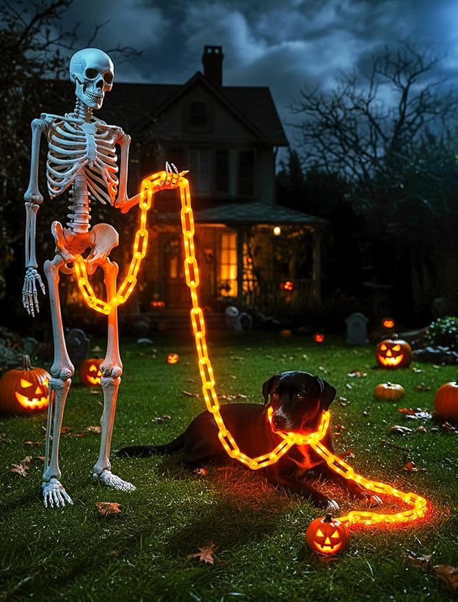 woohaha Halloween Decorations Plastic Chain Lights，10.5FT 175LED Orange Battery/USB Props Chains String Lights,8 Modes and Timer for Outdoor Halloween Party Creepy Cosplay Spooky Ornaments