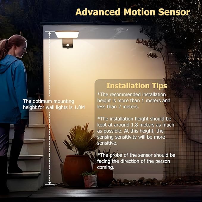 Motion Sensor Outdoor Light, 18W 1980LM Black Motion Outdoor Wall Lights, IP65 Waterproof Sconce Lighting, LED Porch Lights 3000K Foldable Patio Wall Light Fixture for House Garage Square