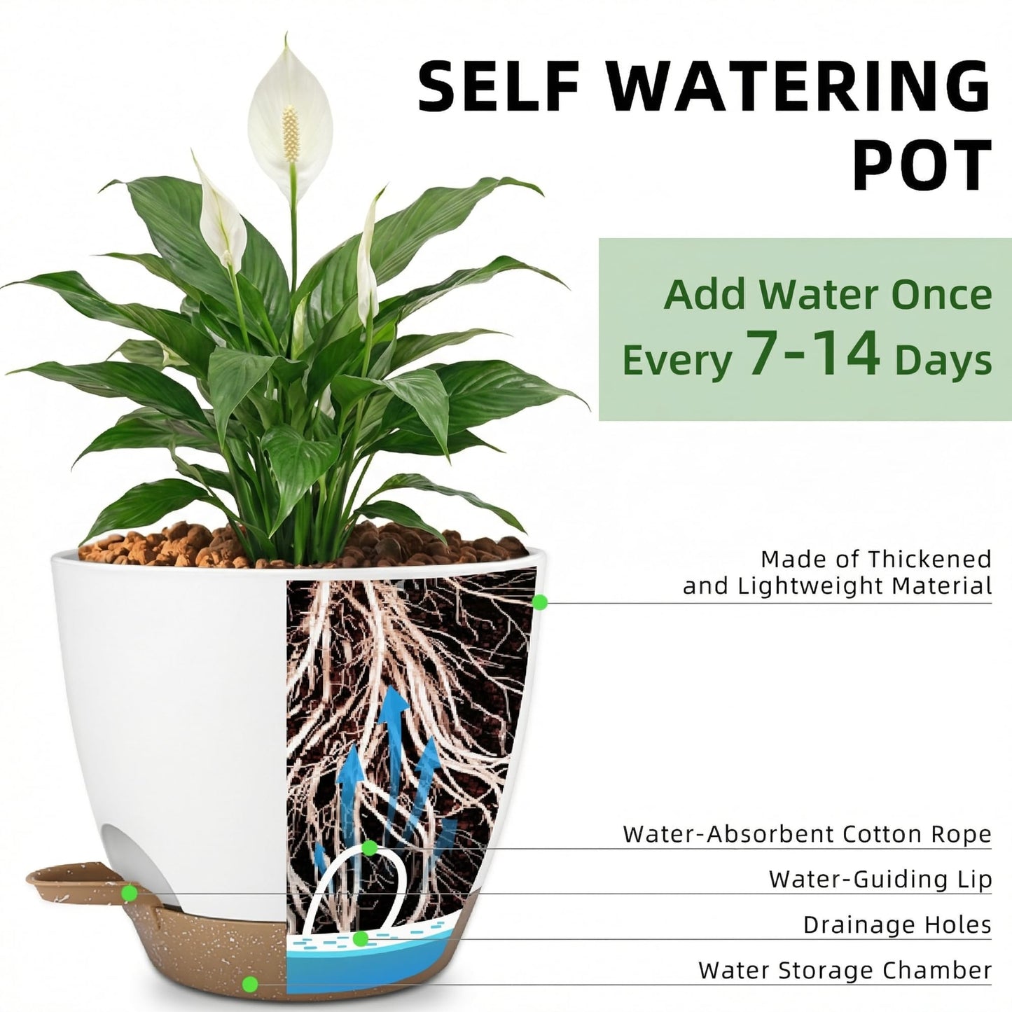 Hylitong Plant Pots 8/7.5/7/6.5/6 Inch Self Watering Pots,5 Pack Planters with Drainage Holes and Saucers,Plastic Flower Pots,Nursery Planters for Indoor Outdoor Plants (White)