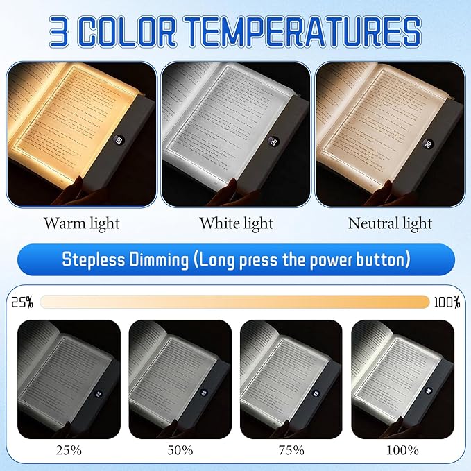 Flat Book Light, Rechargeable Clear LED Flat Reading Light with 3 Colors & Timer, Dimmable Panel Plate Book Lamp Full Page Light, Eye Protection, Book Lights for Reading at Night (White)