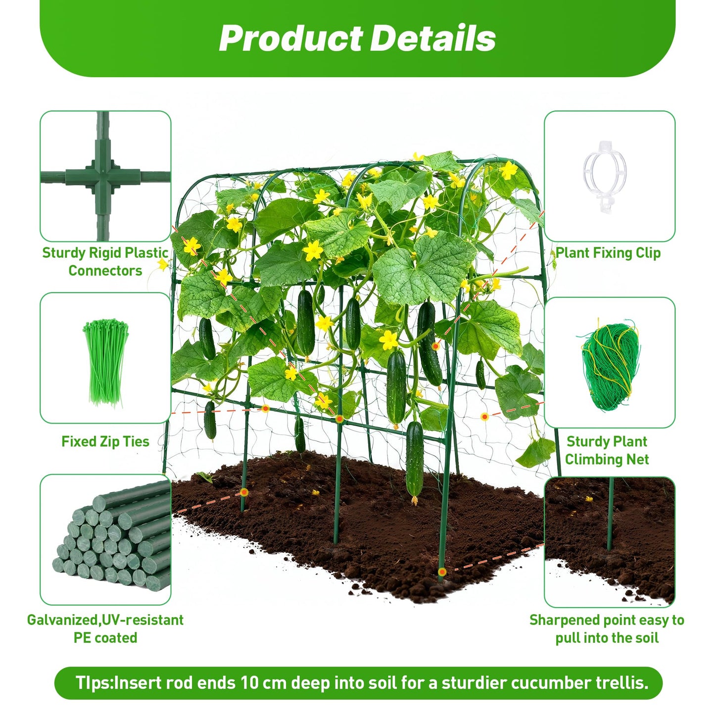 Cucumber Trellis for Raised Garden Bed,U-Shape Plant Support Metel Trellis for Climbing Plants Arch Trellis with Netting for Outdoor Cucumbers, Tomatoes, Vine Climbing Plant(63''X32''x47.2''(LxWxH))