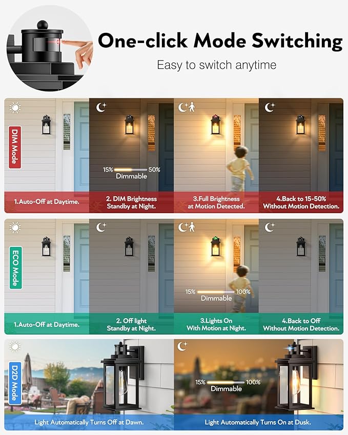 VIANIS Outdoor Motion Sensor Light, Black Exterior Lighting Fixtures Sconce, Dusk to Dawn Outdoor Lighting, Waterproof Front Porch Light for Garage, Patio, Doorway, Anti-Rust, Hardwired, Non-Solar