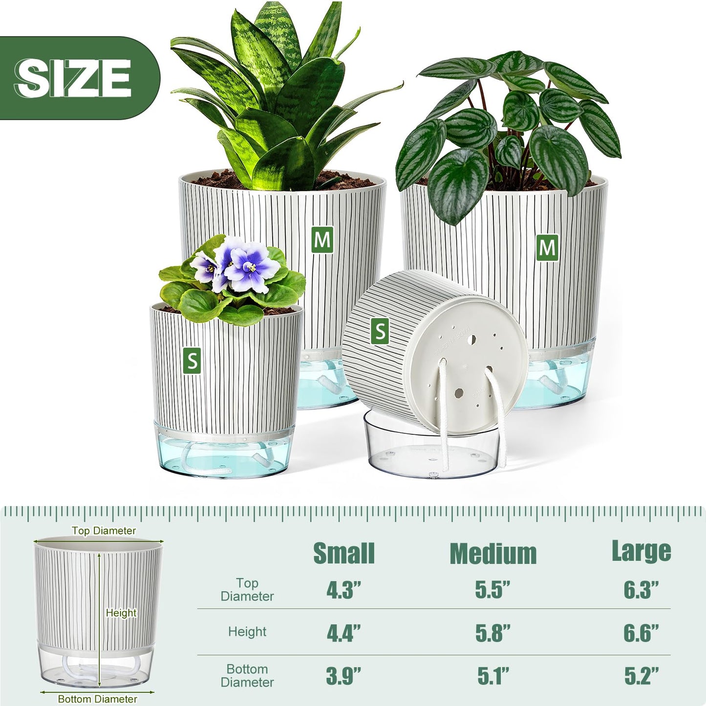 Samhe 4 Pack Self Watering Pots Set, 4+5.5 Inch Self Watering Pots for Indoor Plants, Planter Pot with Wick Rope and Reservoir for African Violet, Spider Plant, Orchid