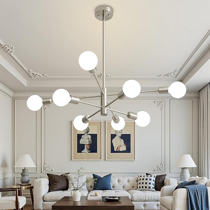 Brushed Nickel Chandeliers Modern Sputnik Chandelier 8-Light Mid Century Ceiling Lighting Fixture for Living Room, Kitchen, Bedroom, Dining Room, and Farmhouse
