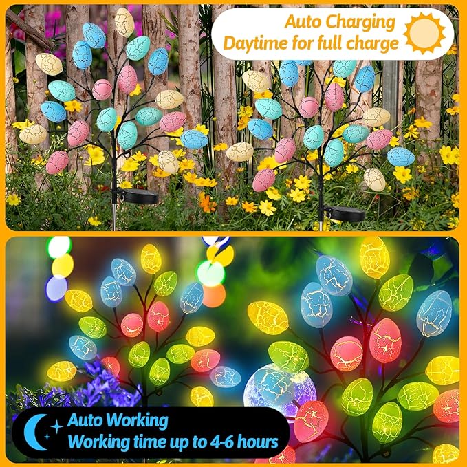4 Pack 80 LED Easter Eggs Lights Solar Powered Outdoor Decorations Waterproof Colorful Solar Stake Lights for Lawn Pathway Landscape Garden Yard Porch Patio Decor(Easter Eggs)