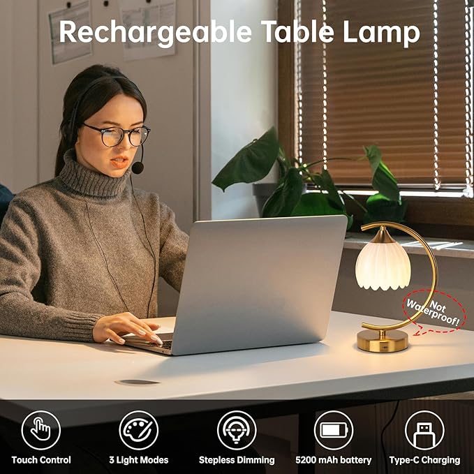 Rechargeable Table Lamp with 5200mAh Battery & Touch Control - 3 Adjustable Color Temperature Bulb, Dimmable Table Light for Bedroom, Office Desk, Nightstand, Home Decor(White, 1 Pack)
