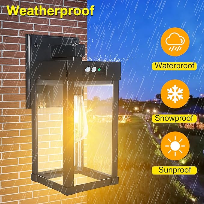 Solar Wall Lights Outdoor, Solar Sconce Lantern with 3 Lighting Modes & Motion Sensor, Porch Light Fixture Outside Waterproof with Clear Panel for Garage Yard Front Door Shed (2 Pack)