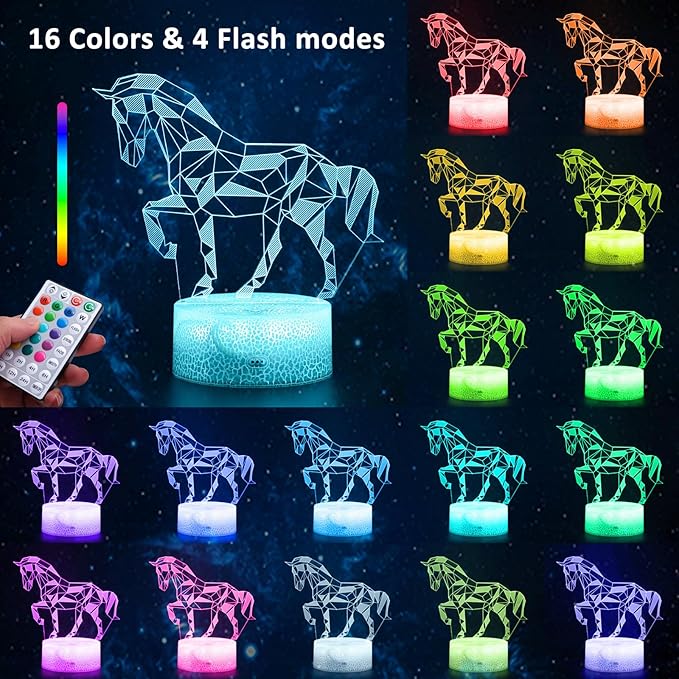 Hoofun Horse Gifts for Girls, 16 Colors Geometric Equine 3D Illusion Lamp, Night Light with Timer Remote and Touch Control, Horses Decor for Kids Room, Girls Birthday Gifts